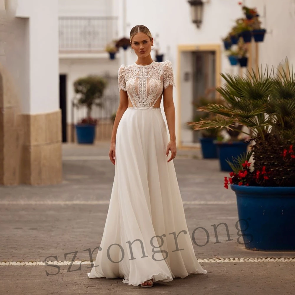 Boho O-neck Chiffon A-line Lace Wedding Dress Illusion Back Short Sleeve Floor Length Bridesmaid Gown свадебное платье
Boho O-neck Chiffon A-line Lace Wedding Dress Illusion Back Short Sleeve Floor Length Bridesmaid Gown свадебное платье