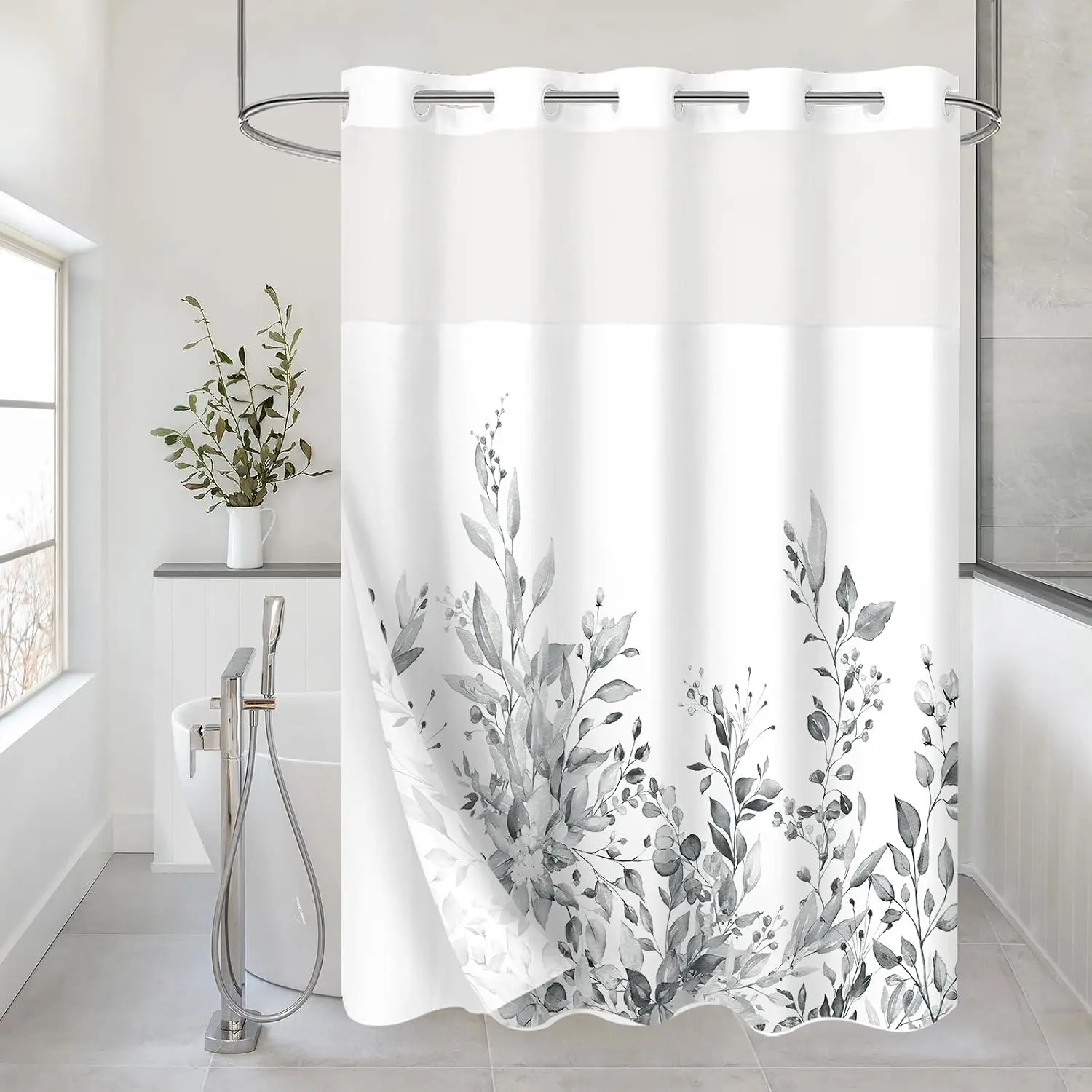 Extra Long No Hook Shower Curtain Set - 72x86 Inches, Hotel Style Double Layers with See-Through Top Window, Grey Eucalyptus Leaves
Extra Long No Hook Shower Curtain Set - 72x86 Inches, Hotel Style Double Layers with See-Through Top Window, Grey Eucalyptus Leaves