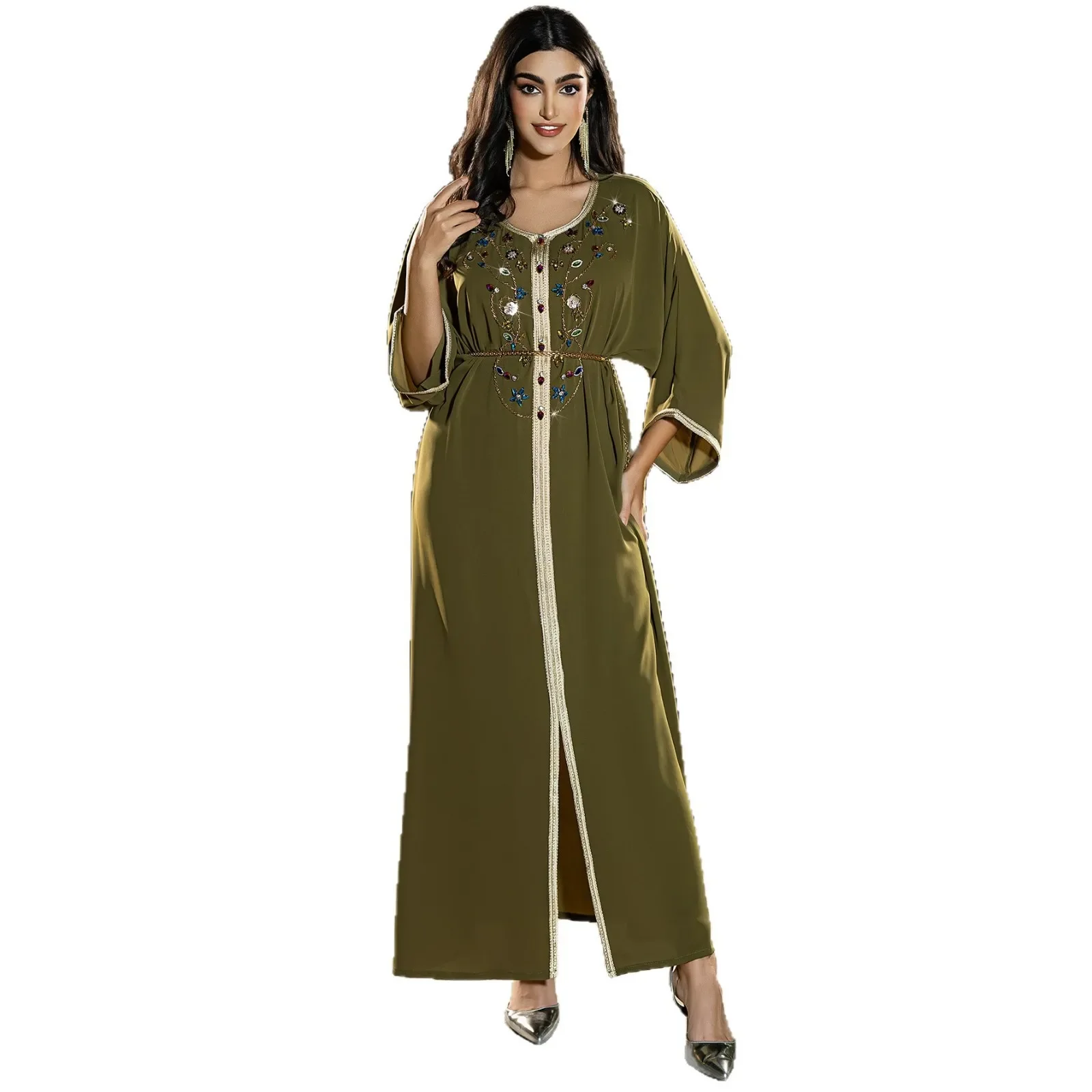 Muslim Abaya Kaftan Maxi Dress with Gold Trim Beaded Embroidery Belt Long Dress Dubai Robe for Women Moroccan Turkey Party Gown
Muslim Abaya Kaftan Maxi Dress with Gold Trim Beaded Embroidery Belt Long Dress Dubai Robe for Women Moroccan Turkey Party Gown