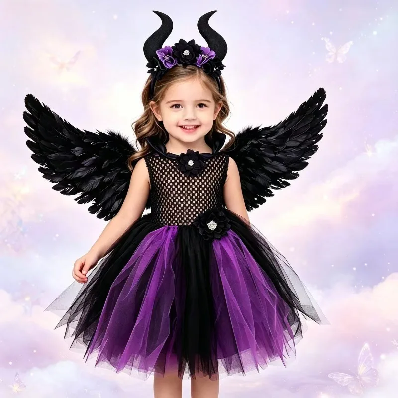 Children's witch-style dress with wings and headpiece, kids' black-purple tulle tutu skirt, Halloween party performance costume
Children's witch-style dress with wings and headpiece, kids' black-purple tulle tutu skirt, Halloween party performance costume