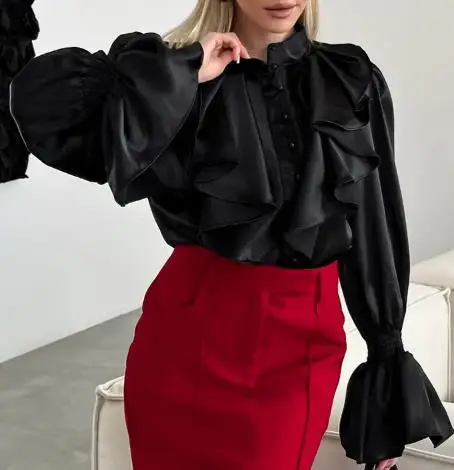 Palace Style Lotus Leaf Edge Stand Collar Single Breasted Western-Style Shirt Autumn Glossy Trumpet Sleeves Loose Women's Top
Palace Style Lotus Leaf Edge Stand Collar Single Breasted Western-Style Shirt Autumn Glossy Trumpet Sleeves Loose Women's Top