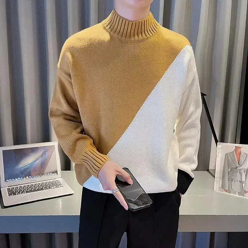 Korean Style Half Turtleneck Contrasting Color Sweater for Men Autumn Winter Splicing Thickened Pullover Bottoming Knitted Top
Korean Style Half Turtleneck Contrasting Color Sweater for Men Autumn Winter Splicing Thickened Pullover Bottoming Knitted Top
