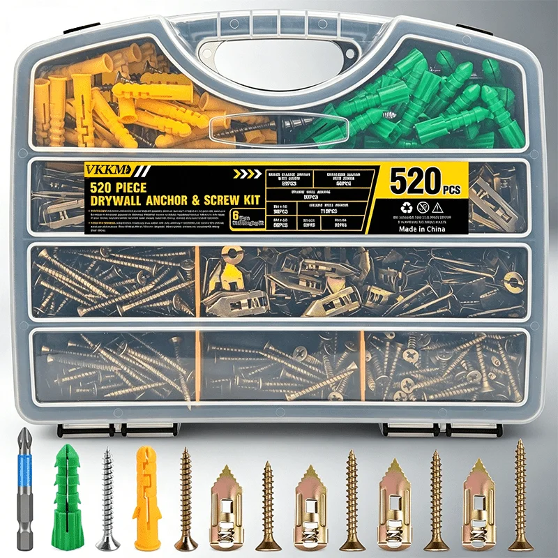 520Pcs Drywall Anchors and Screws Kit, All-in-One Fastener Assortment with Plastic & Metal Anchors for Concrete, Plasterboard, Wood, Ceiling Cabinet DIY Projects
520Pcs Drywall Anchors and Screws Kit, All-in-One Fastener Assortment with Plastic & Metal Anchors for Concrete, Plasterboard, Wood, Ceiling Cabinet DIY Projects