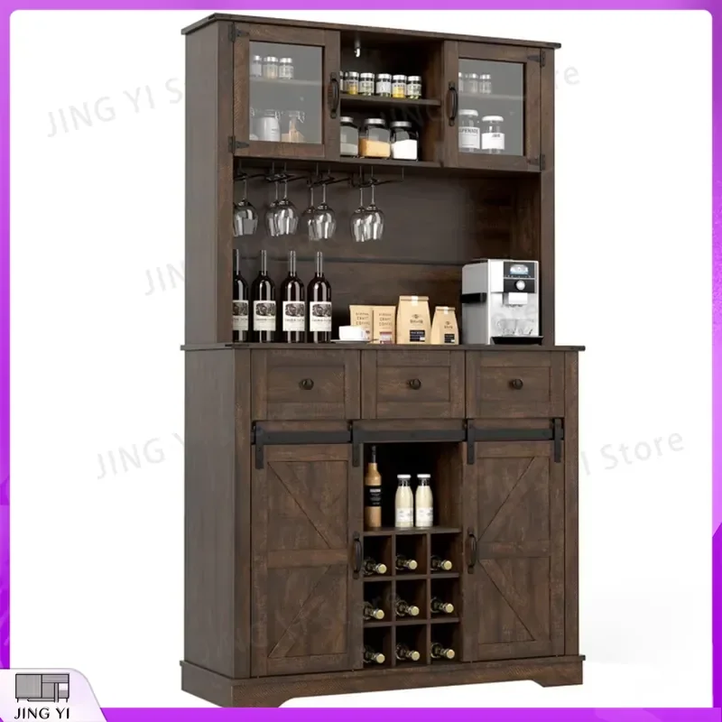 72 Inch Brown Farmhouse Style Wine Cabinet with Sliding Barn Doors Glass Shelves Adjustable Wine Racks Kitchen Storage Unit
72 Inch Brown Farmhouse Style Wine Cabinet with Sliding Barn Doors Glass Shelves Adjustable Wine Racks Kitchen Storage Unit