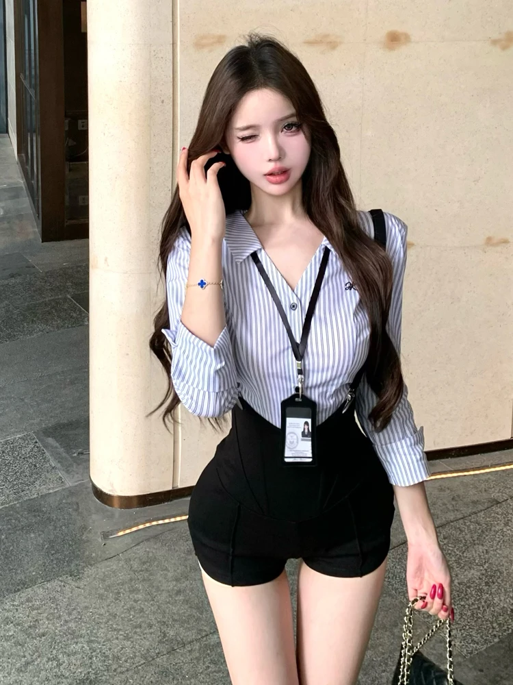 High Waist Stripe irt And orts Set Long Sve Detachable Straps Women's Faion Summer Outfit Waist Cinching Top
High Waist Stripe irt And orts Set Long Sve Detachable Straps Women's Faion Summer Outfit Waist Cinching Top