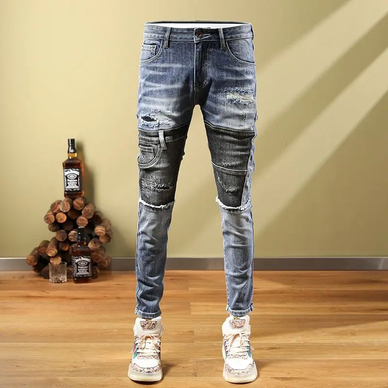 Fashion and handsome in autumn patched with personalized ripped jeans men's casual high street vintage blue slim fitting pants
Fashion and handsome in autumn patched with personalized ripped jeans men's casual high street vintage blue slim fitting pants