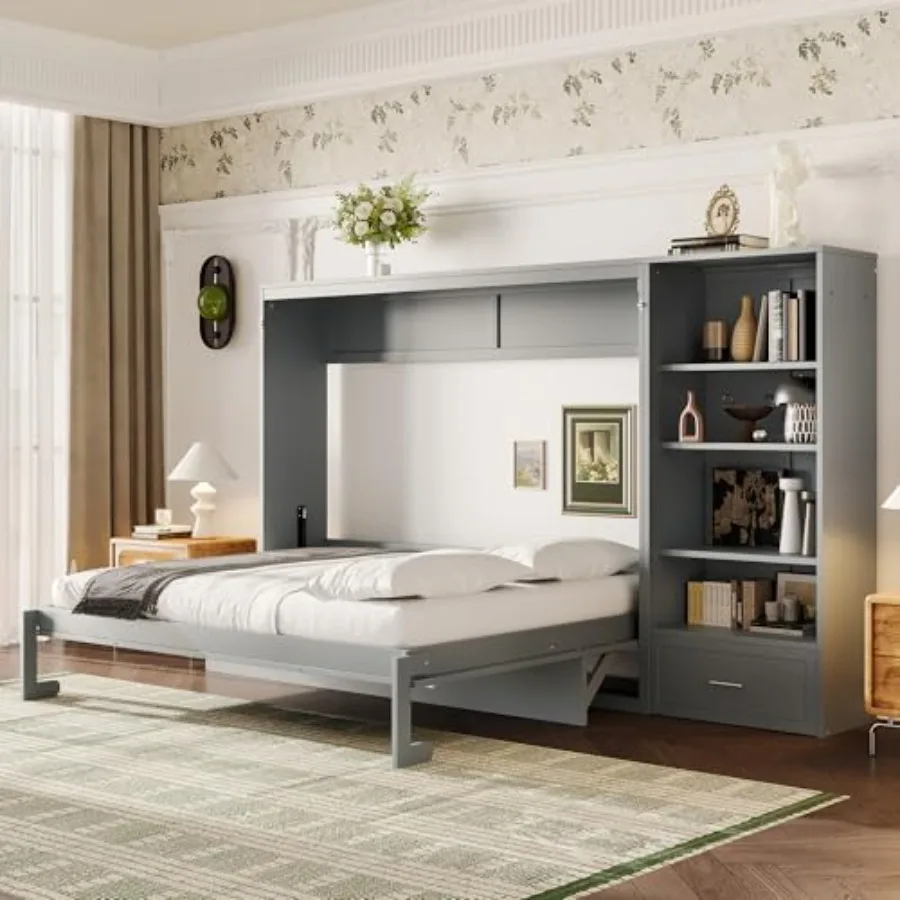 Queen Horizontal Murphy Bed with Desk, Foldable Wall Bed Frame with Storage Drawers, Shelves and Movable Cabinets, Space-Saving
Queen Horizontal Murphy Bed with Desk, Foldable Wall Bed Frame with Storage Drawers, Shelves and Movable Cabinets, Space-Saving