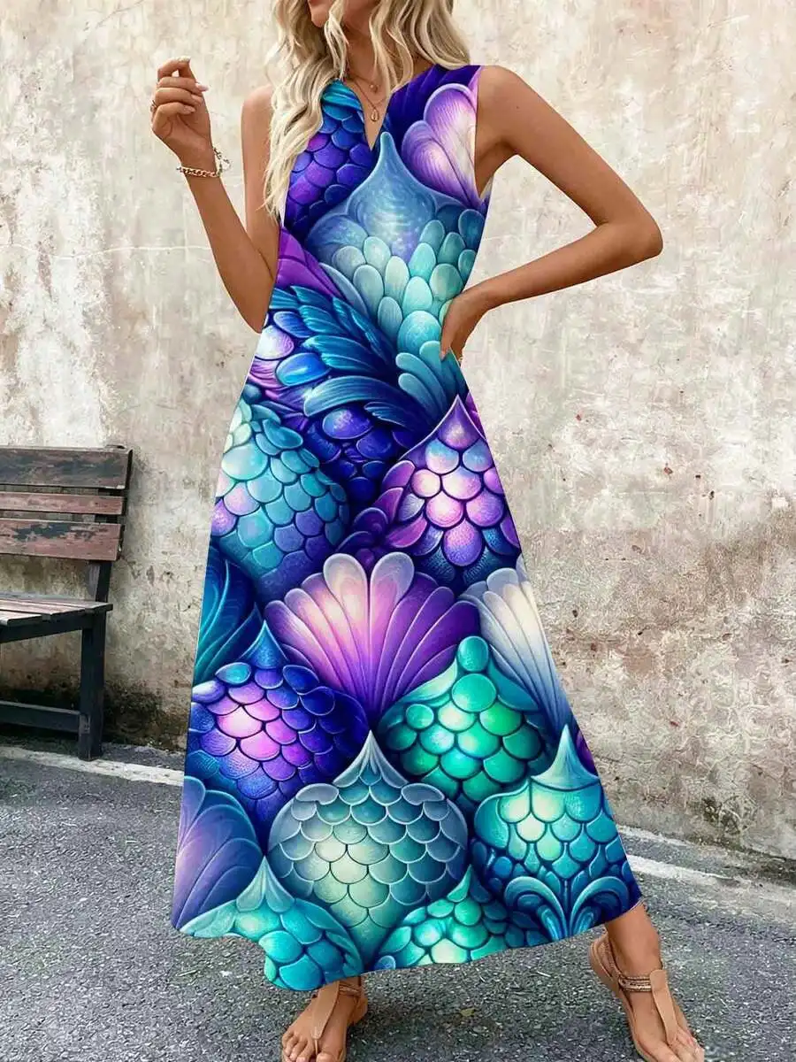 Mermaid Scale Print Sleeveless Midi Dress Purple Blue Green Ocean Pattern Summer Beach Party
Mermaid Scale Print Sleeveless Midi Dress Purple Blue Green Ocean Pattern Summer Beach Party