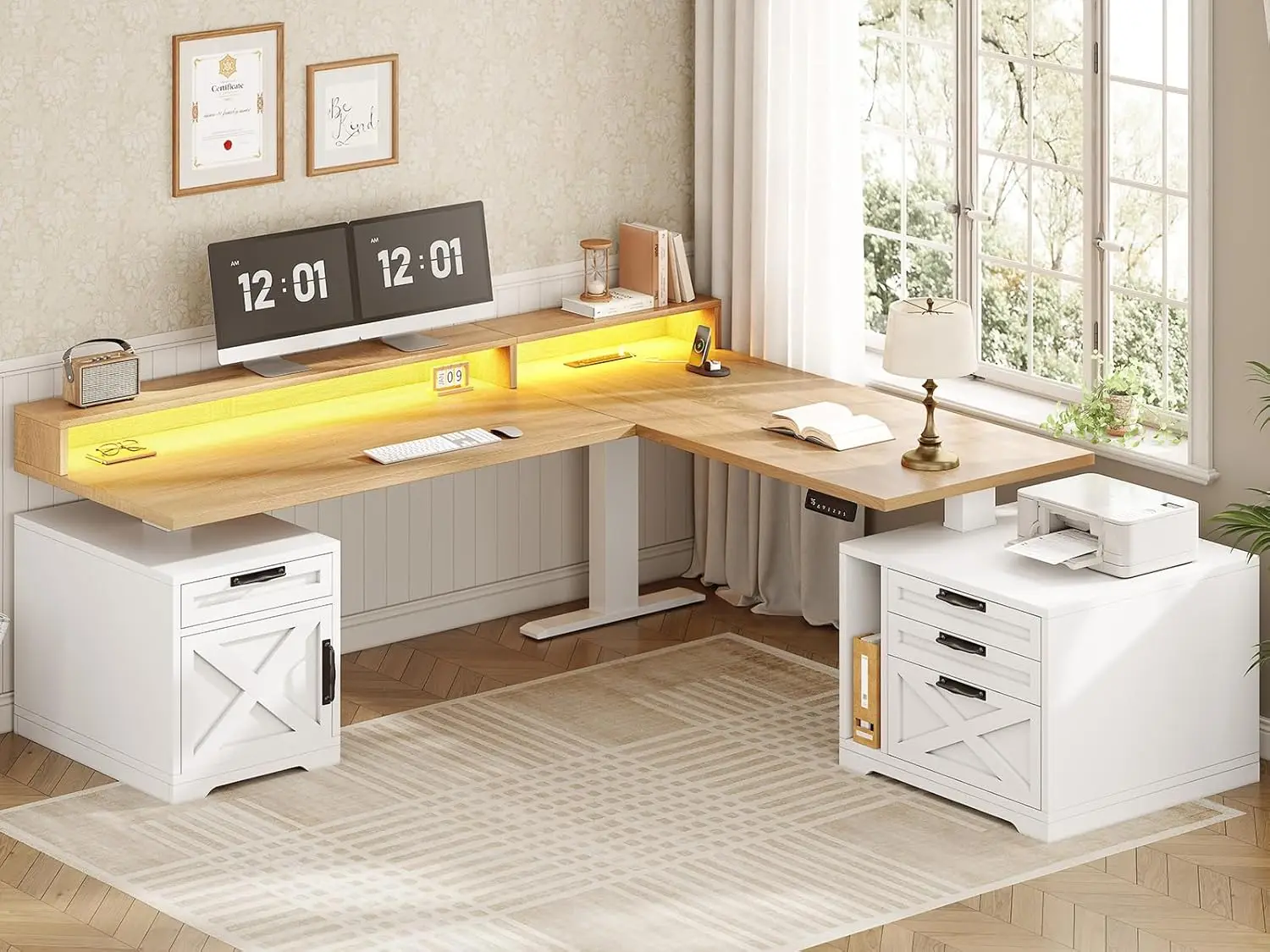 L-Shaped Height Adjustable Desk with Drawers Outlet Monitor Stand LED Lights 70"x73" Office Oak, Customized
L-Shaped Height Adjustable Desk with Drawers Outlet Monitor Stand LED Lights 70"x73" Office Oak, Customized
