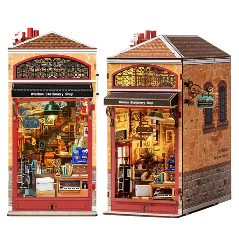 Rolife Wisdom Stationery Shop DIY Book Nook Kit 472-Piece Wooden Dollhouse 3D Puzzle DIY Miniature House Model Building Kit with LED Light for Bookshelf Decor Gift for Book Lovers