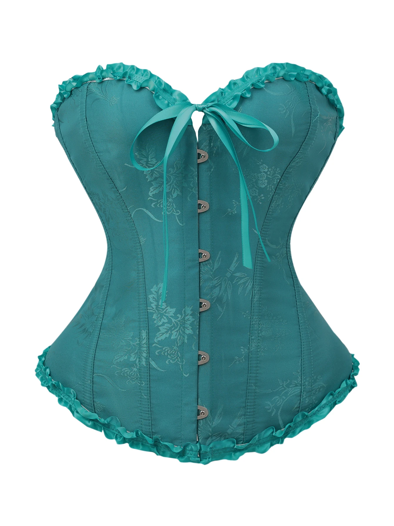 Lake green jacquard leaf edge belted bodice with front fastening and back ties Corset
Lake green jacquard leaf edge belted bodice with front fastening and back ties Corset