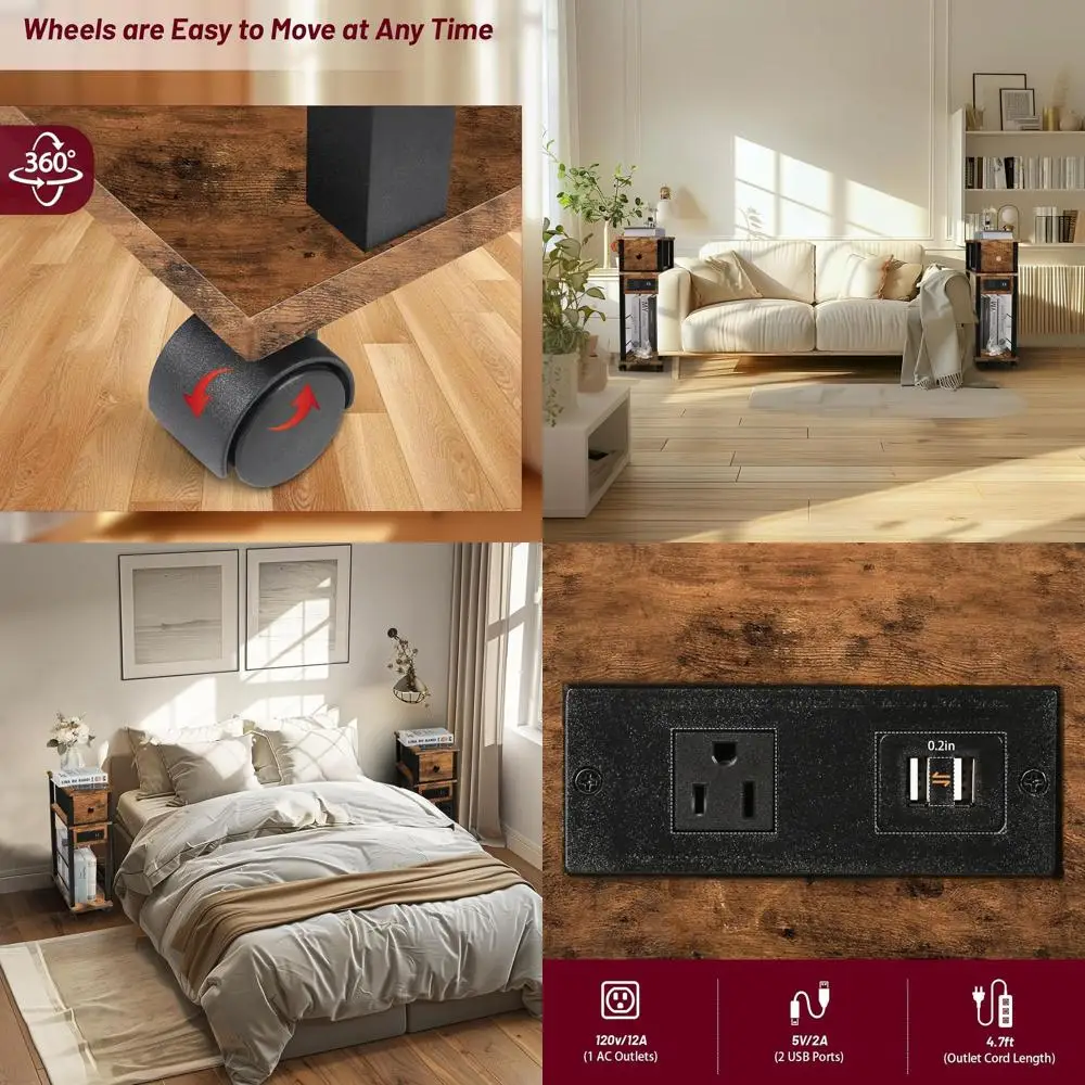 Пара мобильных приставных столиков с зарядкой, ящиком и USB-портами для компактных помещений в гостиных, спаленях и офисах.
Пара мобильных приставных столиков с зарядкой, ящиком и USB-портами для компактных помещений в гостиных, спаленях и офисах.