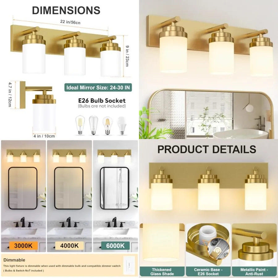 Bathroom Vanity Light Fixture, 22 Inch Gold Bathroom Light Fixtures Over Mirror, with White Glass Shade, Modern Farmhouse Vanit
Bathroom Vanity Light Fixture, 22 Inch Gold Bathroom Light Fixtures Over Mirror, with White Glass Shade, Modern Farmhouse Vanit