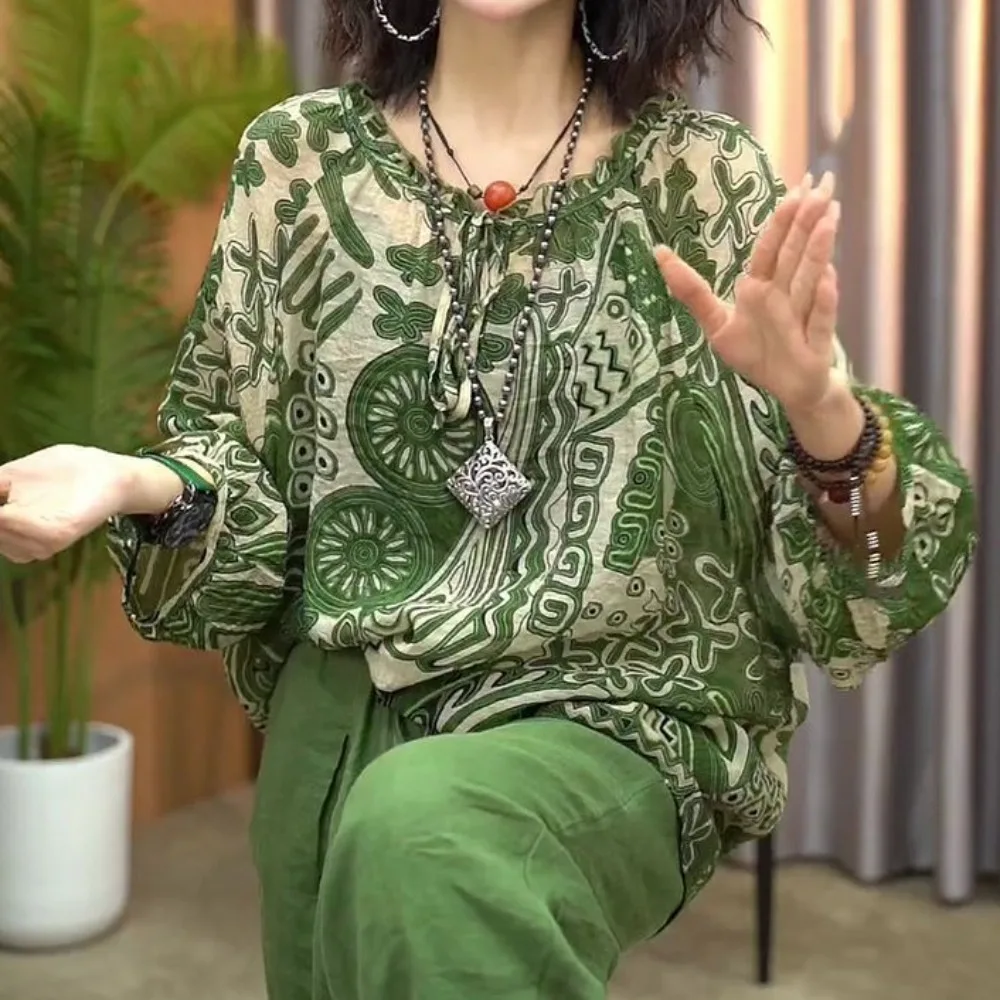 Simple Sunscreen Retro Loose T-shirt Round Neck Green Long Sleeve T Shirt Flower Stripe Thin Ethnic Style Tops Summer
Simple Sunscreen Retro Loose T-shirt Round Neck Green Long Sleeve T Shirt Flower Stripe Thin Ethnic Style Tops Summer