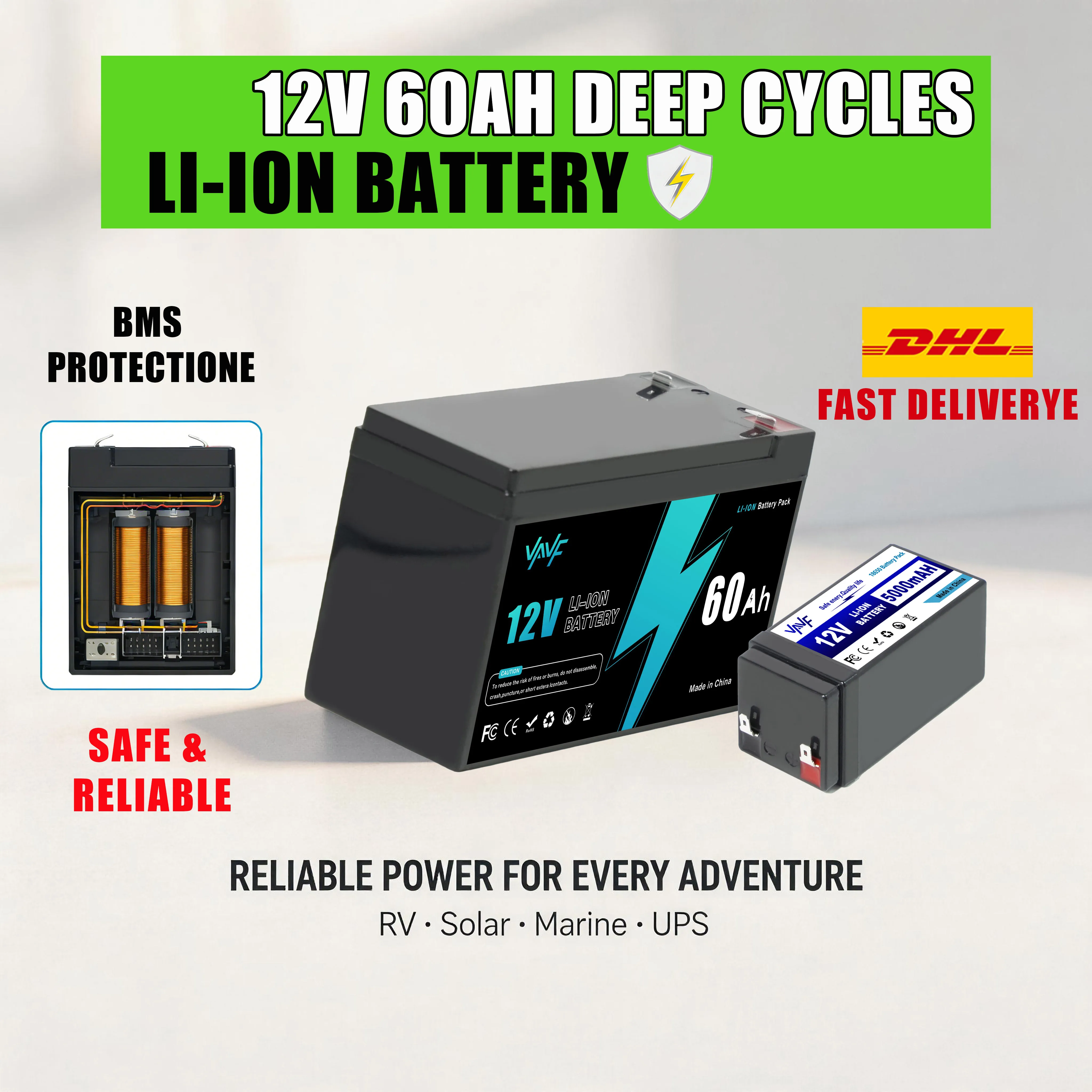 Li-ion 12V 60Ah Battery Integrated BMS,4000+Cycles,Designed for ️Solar Storage,Campers,Boats & Off-Grid Living Spaces
Li-ion 12V 60Ah Battery Integrated BMS,4000+Cycles,Designed for ️Solar Storage,Campers,Boats & Off-Grid Living Spaces