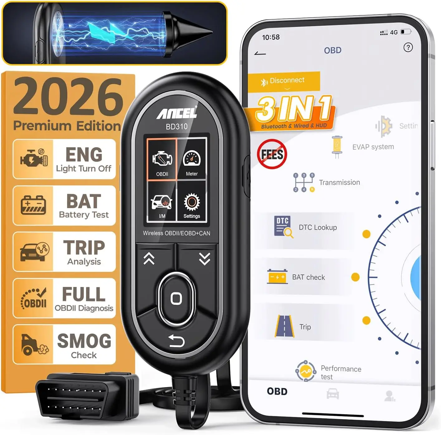 2-in-1 Bluetooth OBD2 Scanner & Code Reader with App, Battery Test, Trip Analysis for iPhone/Android, All 1996+ Vehicles
2-in-1 Bluetooth OBD2 Scanner & Code Reader with App, Battery Test, Trip Analysis for iPhone/Android, All 1996+ Vehicles
