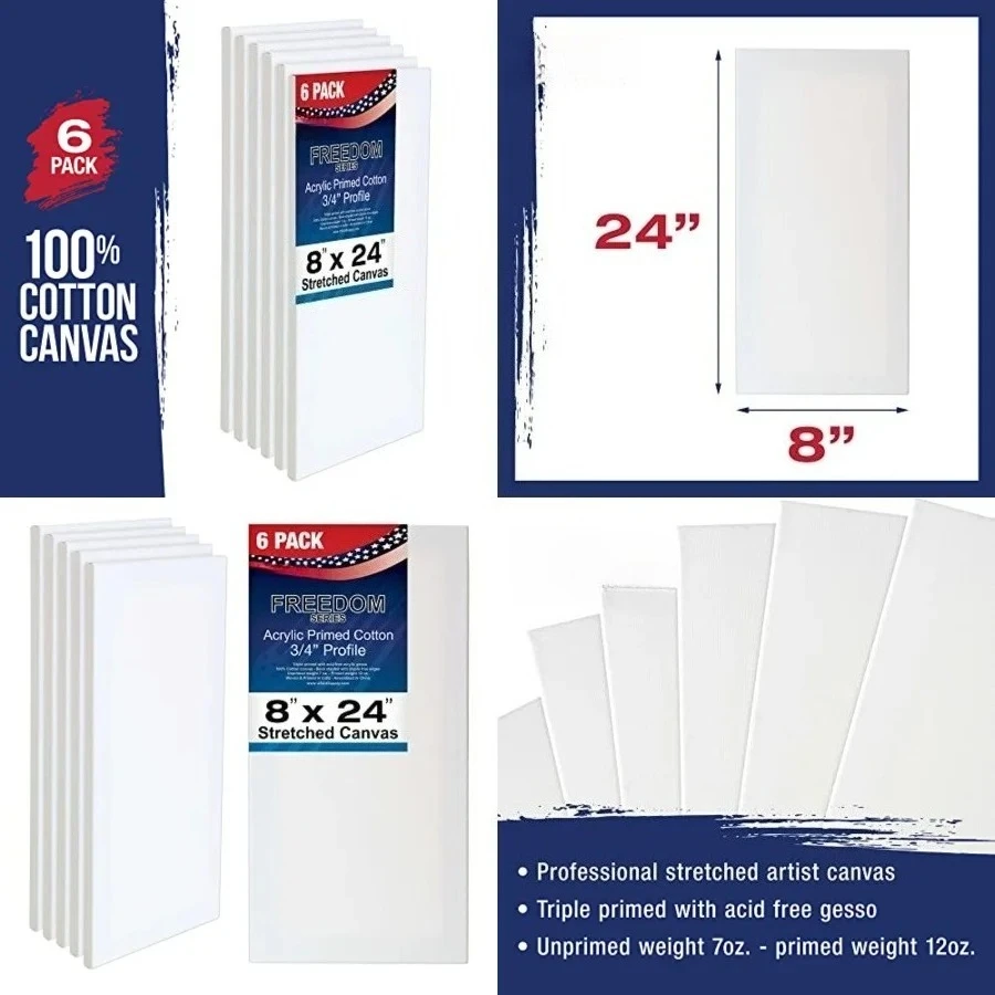 8 x 24 inch Stretched Canvas for Painting, 12oz Triple Primed, 6-Pack - Professional Artist Quality White Blank 3/4" Profile, 100% Cotton, Heavy-Weight Gesso - Acrylic Pouring, Oil
8 x 24 inch Stretched Canvas for Painting, 12oz Triple Primed, 6-Pack - Professional Artist Quality White Blank 3/4" Profile, 100% Cotton, Heavy-Weight Gesso - Acrylic Pouring, Oil