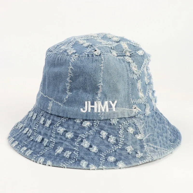 Vintage Washed Denim Fisherman Hat Letter Embroidery Rippped Bucket Hat Wide Brim Foldable Outdoor Travel Anti-UV Beach Bonnet 
Vintage Washed Denim Fisherman Hat Letter Embroidery Rippped Bucket Hat Wide Brim Foldable Outdoor Travel Anti-UV Beach Bonnet