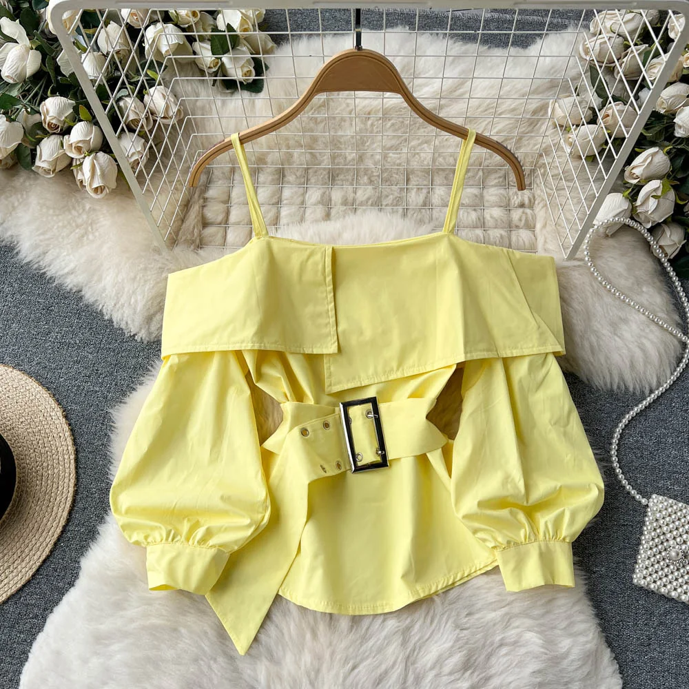 2023 Sweet Camisole Blouse Spring Temperament Puff Sleeve Belt Design Slim Women Off Shoulder Streetwear Fashion Tops
2023 Sweet Camisole Blouse Spring Temperament Puff Sleeve Belt Design Slim Women Off Shoulder Streetwear Fashion Tops