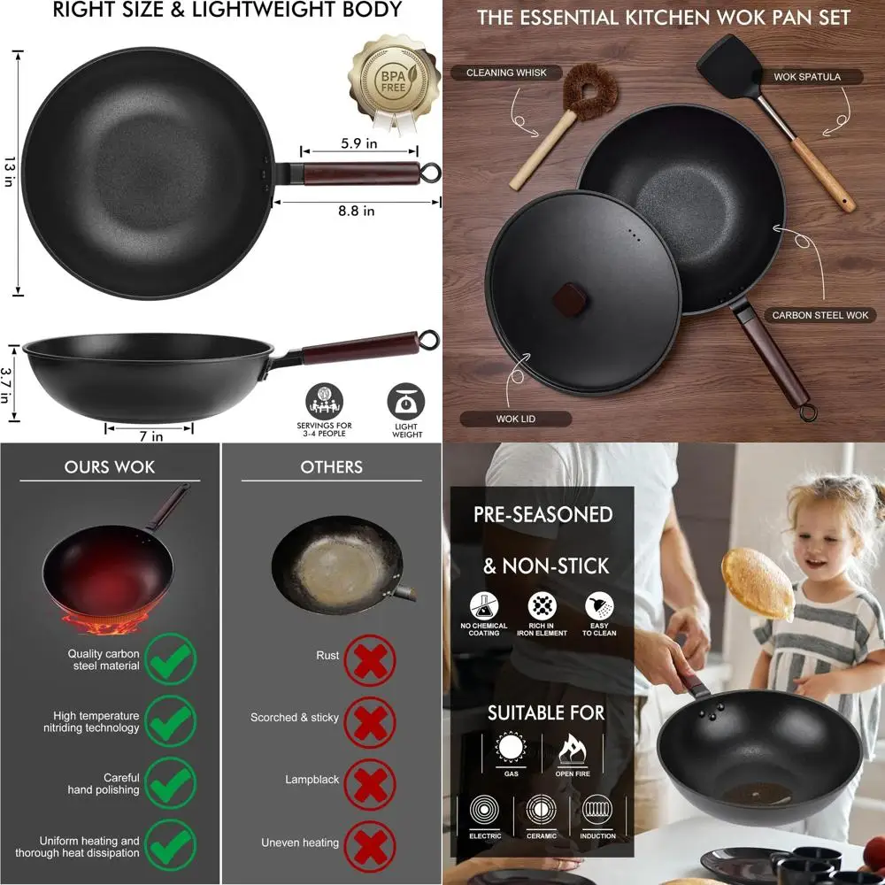 13 Nonstick Carbon Steel Wok with Lid, Spatula & Brush, Compatible with Induction, Electric, Gas Stoves, Stir-Fry Pan
13 Nonstick Carbon Steel Wok with Lid, Spatula & Brush, Compatible with Induction, Electric, Gas Stoves, Stir-Fry Pan