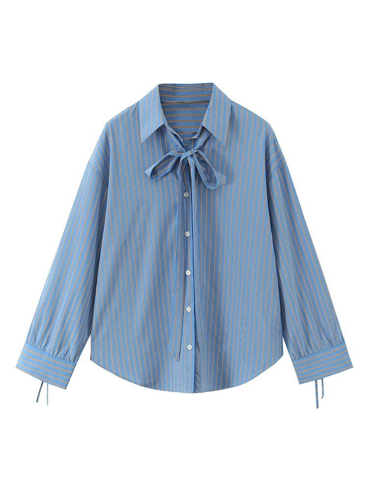 Европейский и американский стиль, осенняя новая модная повседневная простая женская одежда, свободная рубашка в полоску с бантом 
Европейский и американский стиль, осенняя новая модная повседневная простая женская одежда, свободная рубашка в полоску с бантом