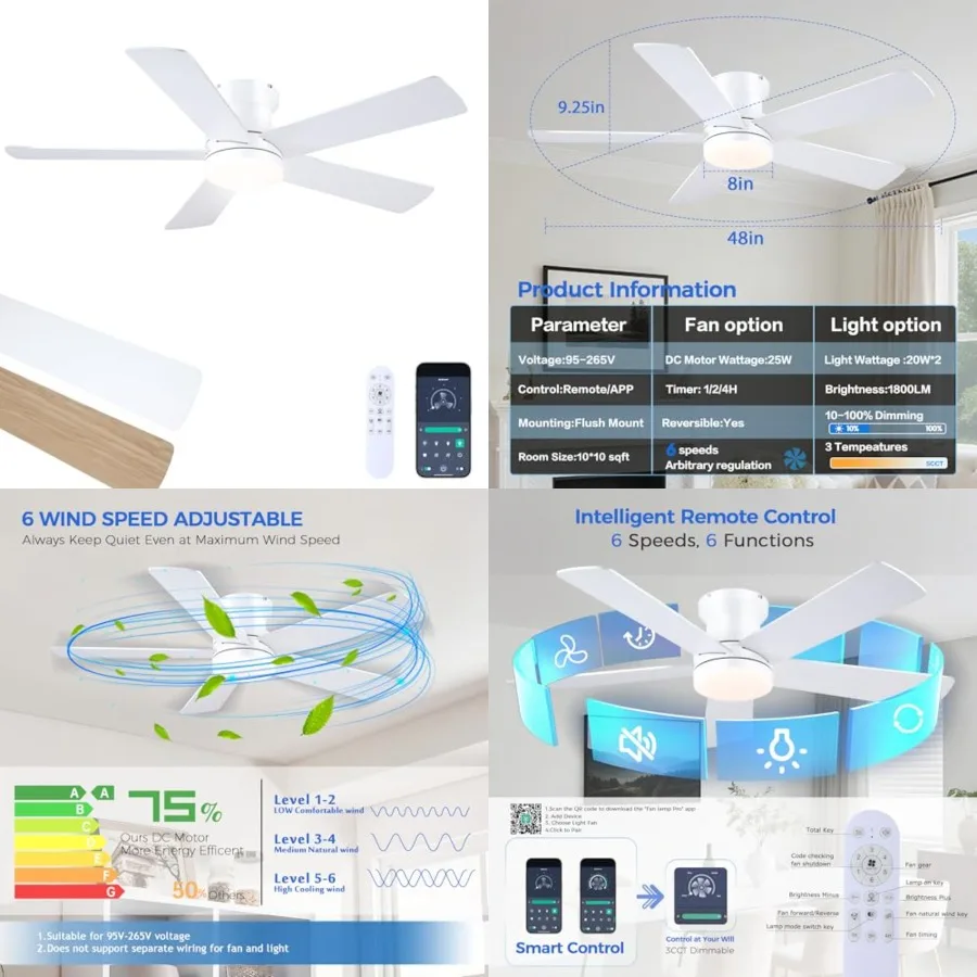 48In Ceiling Fan with Light Flush Mount - White Low Profile Ceiling Fan Light with Remote/APP, 5 Reversible Dual-Sided Blades,
48In Ceiling Fan with Light Flush Mount - White Low Profile Ceiling Fan Light with Remote/APP, 5 Reversible Dual-Sided Blades,