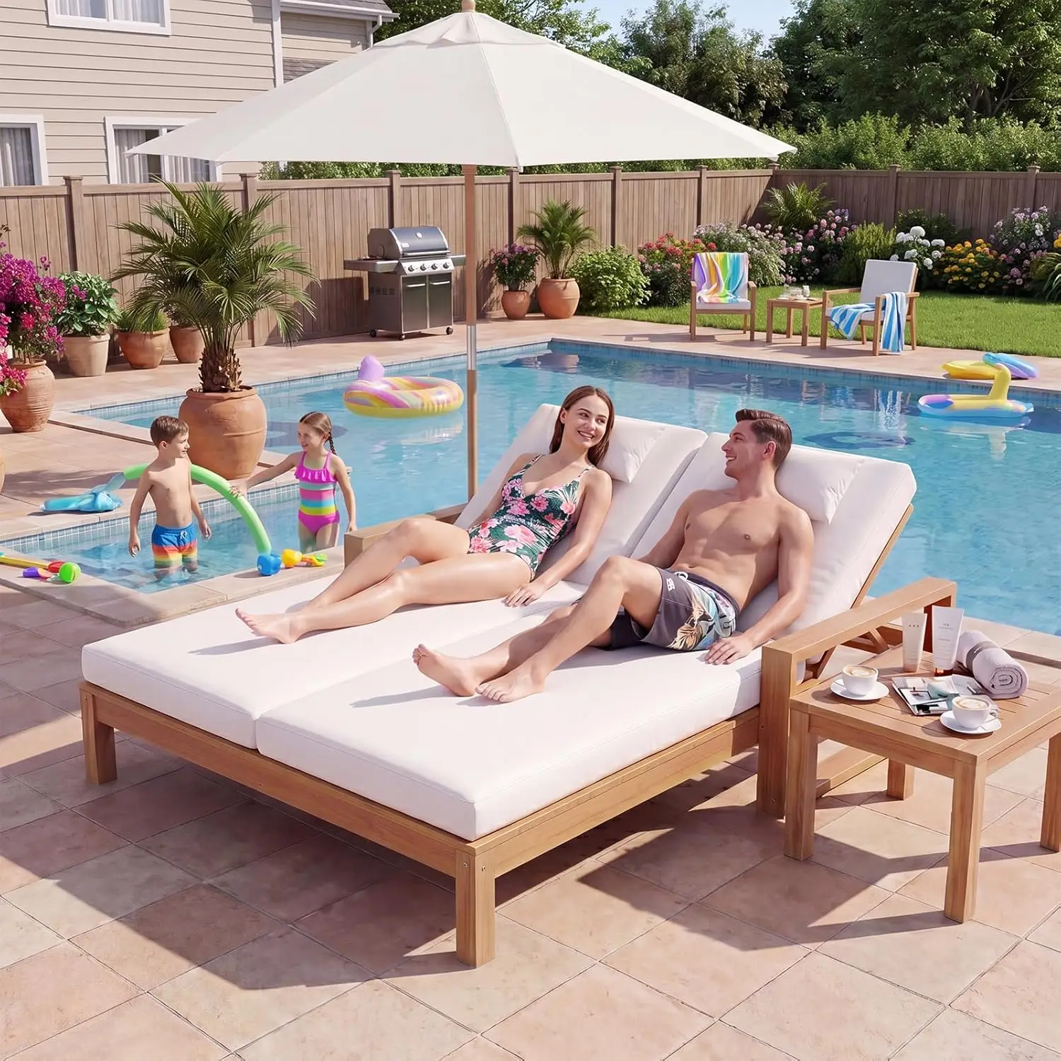 5-Position Adjustable Acacia Wood Double Lounge Chair With Removable Cushions For Patio Poolside Garden Lawn, Customized
5-Position Adjustable Acacia Wood Double Lounge Chair With Removable Cushions For Patio Poolside Garden Lawn, Customized