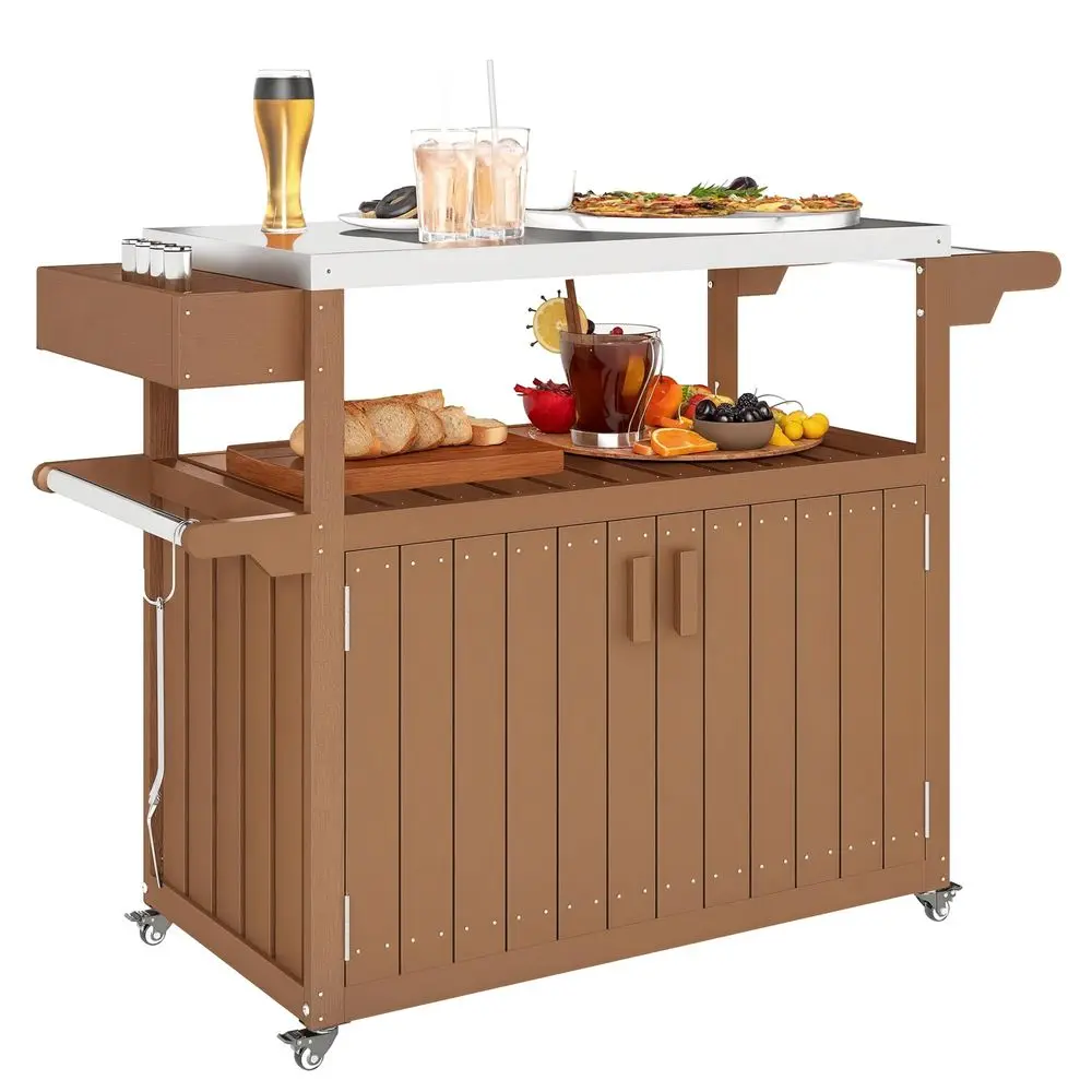 Outdoor Bar Cart with Storage Cabinet, Stainless Steel Top Kitchen Island on Wheels, HDPE Outdoor Bar Table, Movable Patio Beve
Outdoor Bar Cart with Storage Cabinet, Stainless Steel Top Kitchen Island on Wheels, HDPE Outdoor Bar Table, Movable Patio Beve