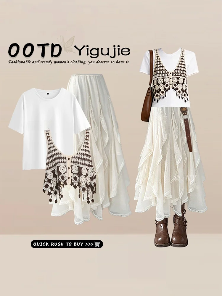 Travel Fashion Bohemian Tassel Vest Short Sleeve Women's Set High Waist Skirt round Neck Summer Outfit Three-Piece Suit
Travel Fashion Bohemian Tassel Vest Short Sleeve Women's Set High Waist Skirt round Neck Summer Outfit Three-Piece Suit