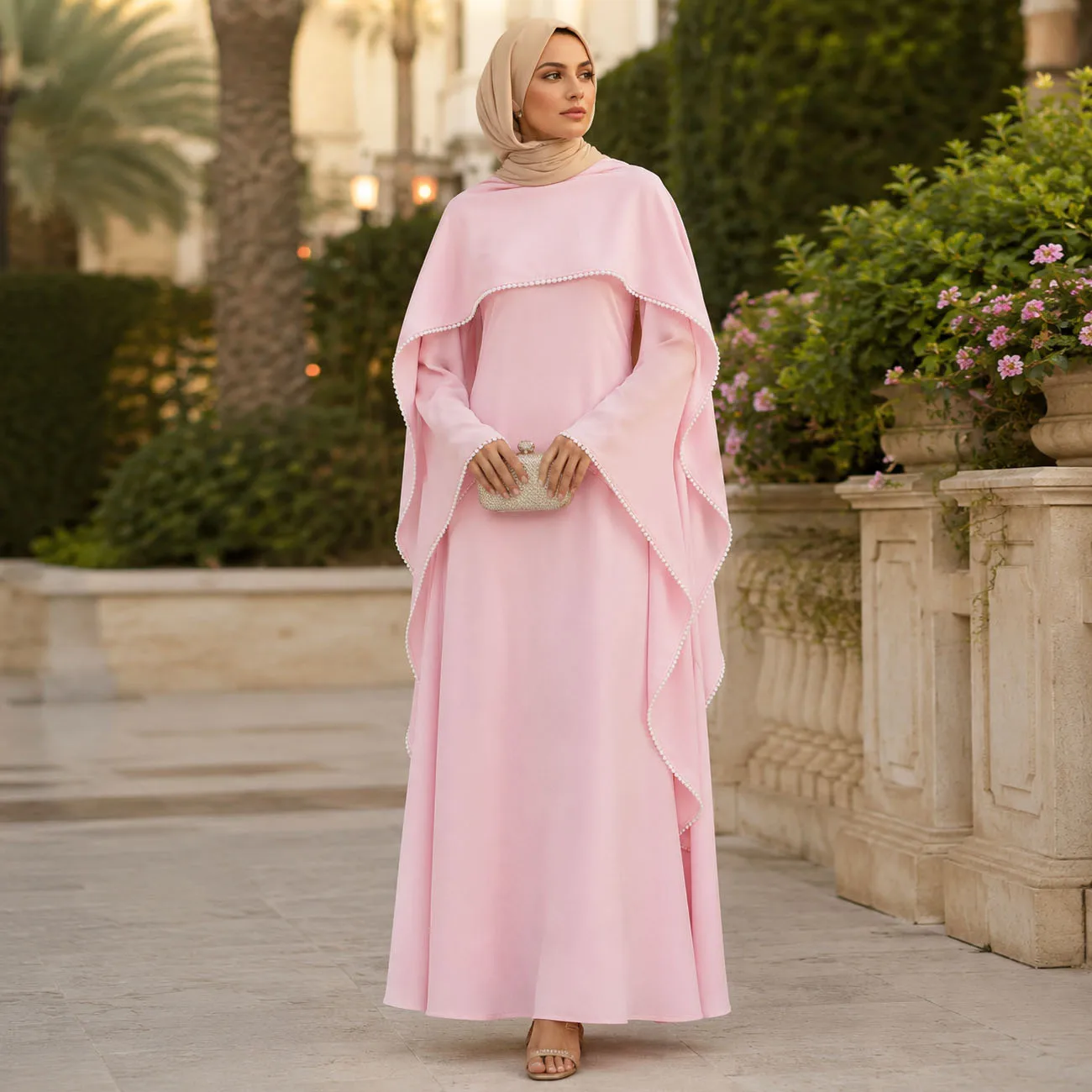 Elegant Pearls Trim Shawl Detail Maxi Dress Slim-Fit O-Neck Long Sleeves Muslim Women Abaya Dress Ramadan Eid Party Islamic Rob
Elegant Pearls Trim Shawl Detail Maxi Dress Slim-Fit O-Neck Long Sleeves Muslim Women Abaya Dress Ramadan Eid Party Islamic Rob