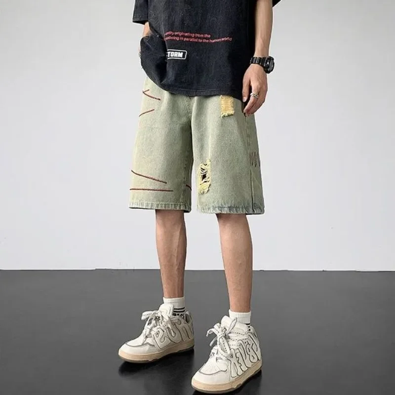 Man Denim Shorts Half Short Jeans Pants for Men Wide Ripped Loose Drawstring with Pockets Long Bermuda Baggy Streetwear Rude Cut
Man Denim Shorts Half Short Jeans Pants for Men Wide Ripped Loose Drawstring with Pockets Long Bermuda Baggy Streetwear Rude Cut