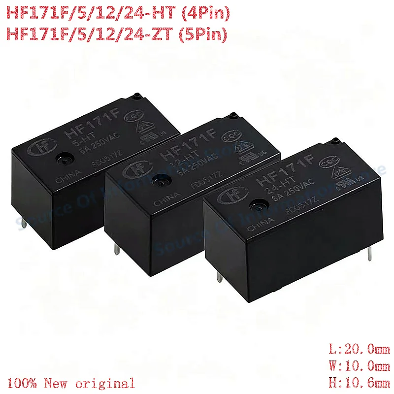 10Pcs HF171F/5/12/24-HT ZT 4Pin/5Pin PCB Power Relay, 5V/12V/24V DC Coil, 6A 250VAC High Insulation Mini Signal Control Relay
10Pcs HF171F/5/12/24-HT ZT 4Pin/5Pin PCB Power Relay, 5V/12V/24V DC Coil, 6A 250VAC High Insulation Mini Signal Control Relay