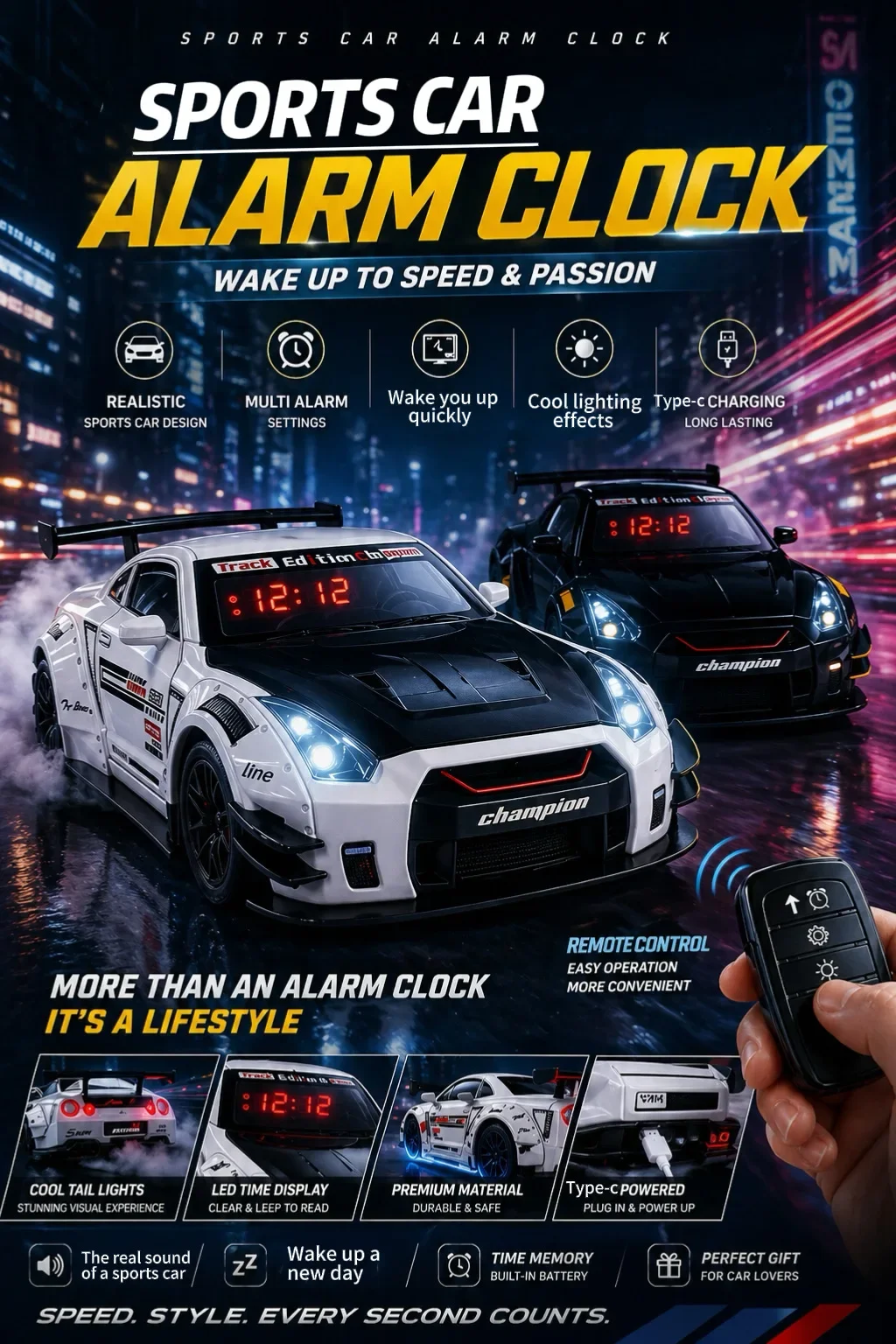 Hypercar Alarm Clock Engine Sounds and Dynamic Flame Effects,Super Car Alarm Clock with Crystal Clear LED Display Screen
Hypercar Alarm Clock Engine Sounds and Dynamic Flame Effects,Super Car Alarm Clock with Crystal Clear LED Display Screen