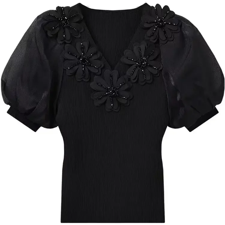 Nomikuma Sweet Beads Flowers Knitted Tops Women Summer New Slim Shirts 2023 Summer Chiffon Puff Sleeve Patchwork V-neck Tshirt
Nomikuma Sweet Beads Flowers Knitted Tops Women Summer New Slim Shirts 2023 Summer Chiffon Puff Sleeve Patchwork V-neck Tshirt