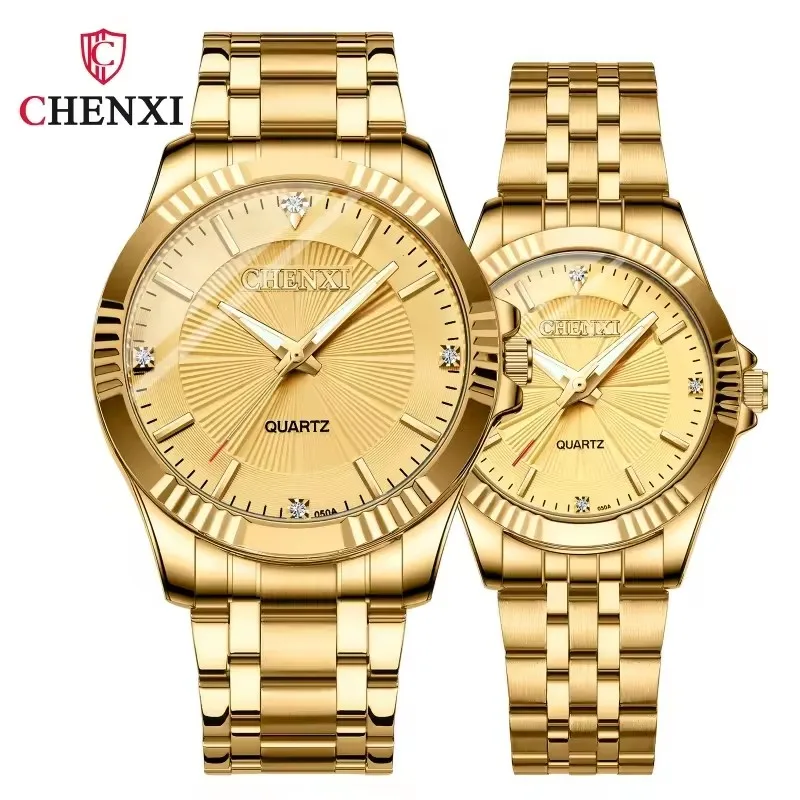 CHENXI 050A Роскошные кварцевые часы для пар, деловые часы, водонепроницаемые стальные полоски, уникальные золотые мужские и женские часы с датой
CHENXI 050A Роскошные кварцевые часы для пар, деловые часы, водонепроницаемые стальные полоски, уникальные золотые мужские и женские часы с датой