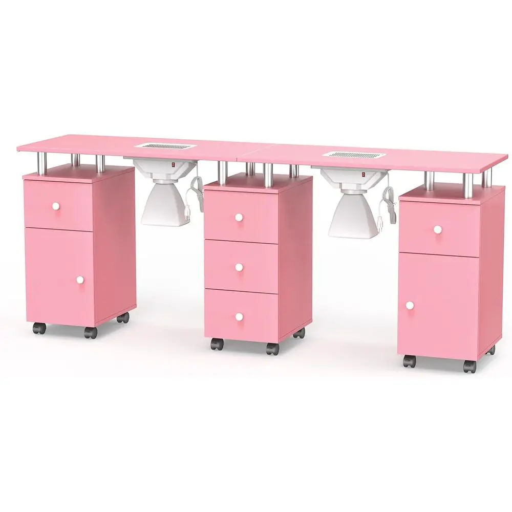 Dual Manicure Station with Dust Collector, Nail Technician Desk on Wheels, Storage Cabinet, and Acrylic-Resistant Pink Surface
Dual Manicure Station with Dust Collector, Nail Technician Desk on Wheels, Storage Cabinet, and Acrylic-Resistant Pink Surface