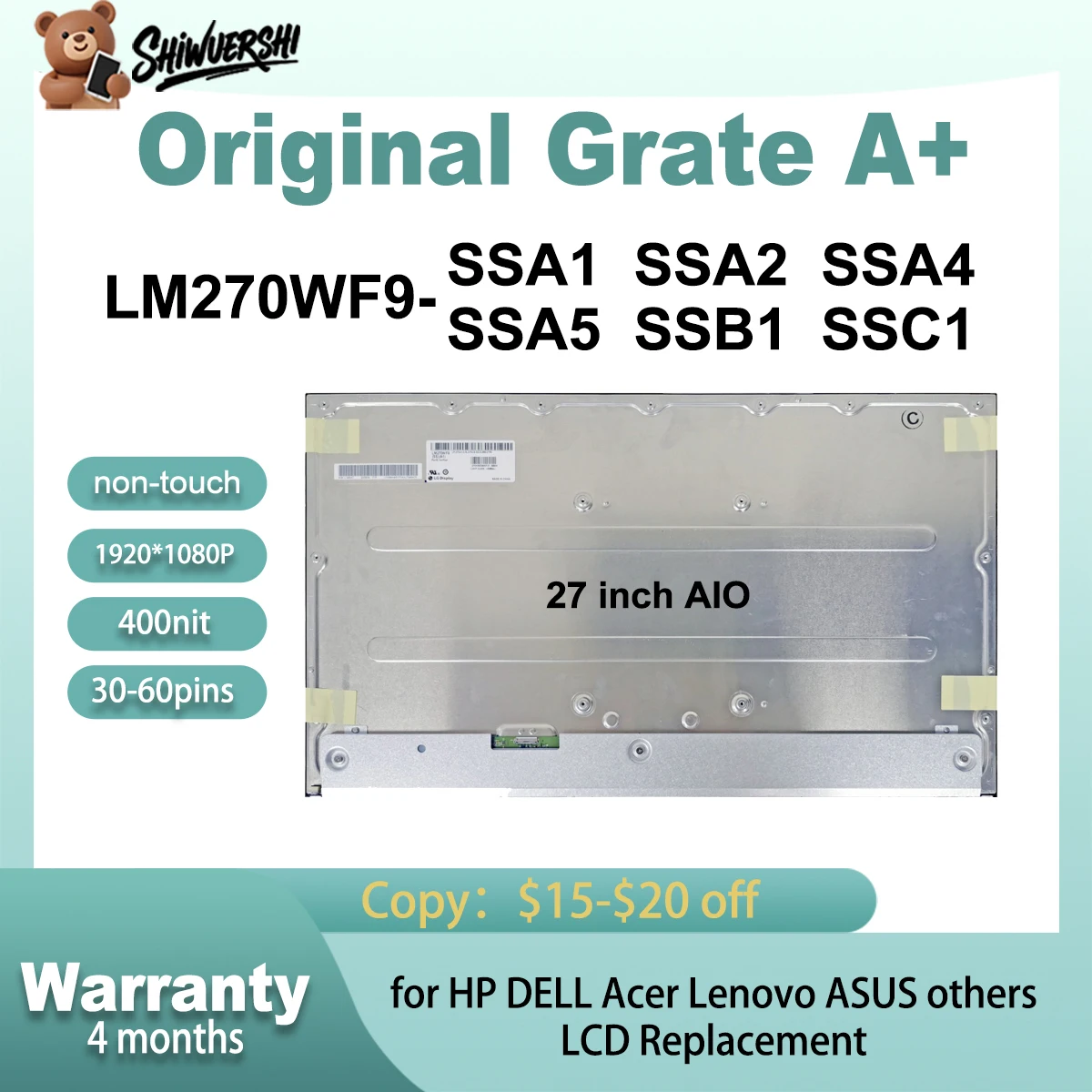 wholesale Original New LM270WF9 SSA1 SSA2 SSA4 SSA5 SSB1 SSC1 27 inch IPS For HP Acer ASUS Dell Lenovo AIO LCD Screen Display
wholesale Original New LM270WF9 SSA1 SSA2 SSA4 SSA5 SSB1 SSC1 27 inch IPS For HP Acer ASUS Dell Lenovo AIO LCD Screen Display