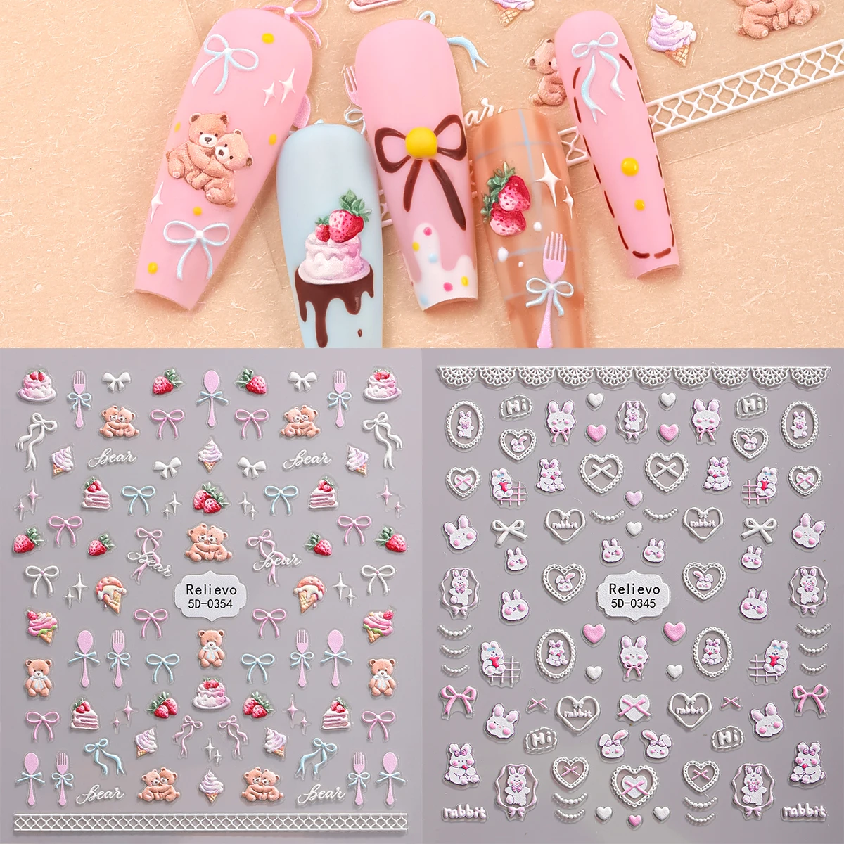 2pcs 5D Cartoon Nail Art Stickers Cute Animal Bow Dessert Lace Self-Adhesive Nail Decals for Nails DIY Manicure Decoration
2pcs 5D Cartoon Nail Art Stickers Cute Animal Bow Dessert Lace Self-Adhesive Nail Decals for Nails DIY Manicure Decoration