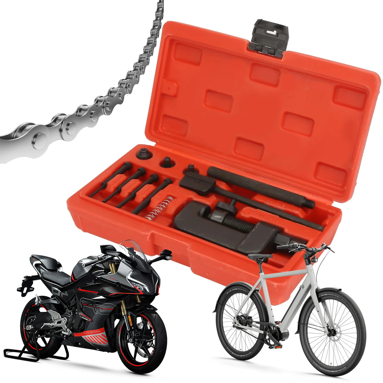 13Pcs Chain Breaker Tool Kit Chain Cutter and Riveter Kit Chain Repair Tool Set for Cam and 35 To 630 Motorcycle Bike ATV Chains
13Pcs Chain Breaker Tool Kit Chain Cutter and Riveter Kit Chain Repair Tool Set for Cam and 35 To 630 Motorcycle Bike ATV Chains