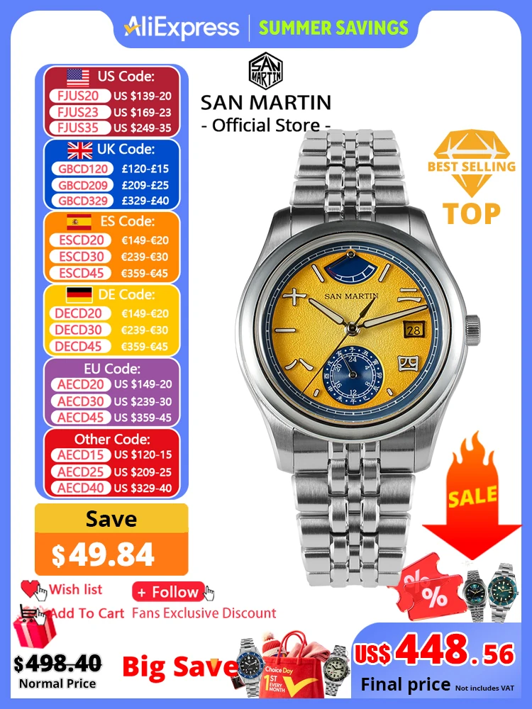 San Martin 39mm Miyota 9132 Power Reserve Display Men Luxury Sport Watch Automatic Mechanical Waterproof Original Design SN0144
San Martin 39mm Miyota 9132 Power Reserve Display Men Luxury Sport Watch Automatic Mechanical Waterproof Original Design SN0144
