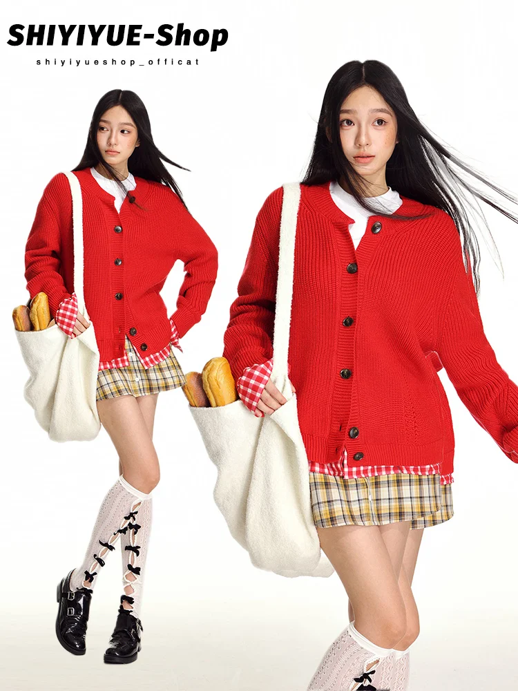 Red Knitted Long Sleeve round Neck Open Cardigan Women's Spring Autumn College Style Retro Color Block Plaid Outerwear Top
Red Knitted Long Sleeve round Neck Open Cardigan Women's Spring Autumn College Style Retro Color Block Plaid Outerwear Top