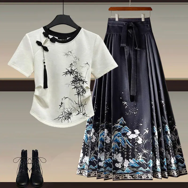 New Chinese Style Women's Summer Hanfu Set T-Shirt Top Improved Ma Face Skirt Two-Piece Set National Trend Traditional Costume
New Chinese Style Women's Summer Hanfu Set T-Shirt Top Improved Ma Face Skirt Two-Piece Set National Trend Traditional Costume