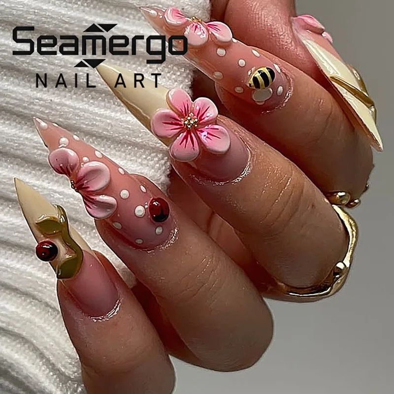 24PCS Stiletto False Nails Yellow French 3D Pink Flowers with Simple Polka Dots Press on Nails Full Cover Luxury Wearable Nails
24PCS Stiletto False Nails Yellow French 3D Pink Flowers with Simple Polka Dots Press on Nails Full Cover Luxury Wearable Nails