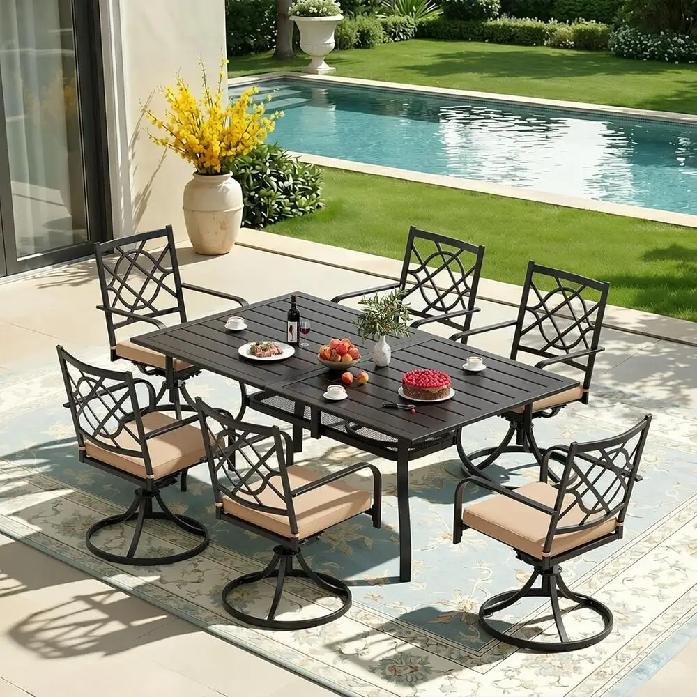 7-Piece Black Metal Outdoor Patio Dining Set with 6 Swivel Chairs and Round Table, Umbrella Hole Included
7-Piece Black Metal Outdoor Patio Dining Set with 6 Swivel Chairs and Round Table, Umbrella Hole Included
