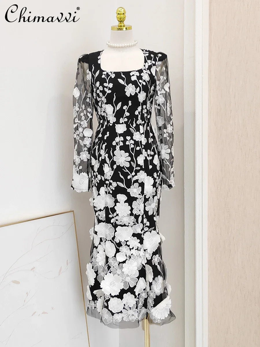 French Temperament Mesh Embroidery Flower Square Collar Long Sleeve High Waist Slim Hip-wrapped Long Evening Dress Women Autumn
French Temperament Mesh Embroidery Flower Square Collar Long Sleeve High Waist Slim Hip-wrapped Long Evening Dress Women Autumn