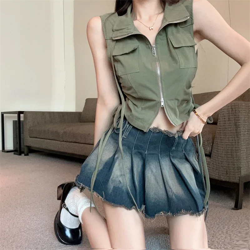 Sexy American Retro Svel Workwear Vest with Dstring And Zipper for Young Women ort Pure Color Versatile Summer Top
Sexy American Retro Svel Workwear Vest with Dstring And Zipper for Young Women ort Pure Color Versatile Summer Top