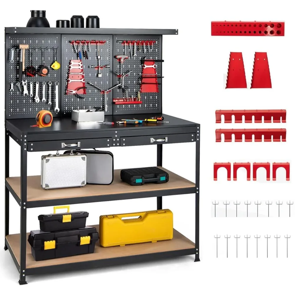 48”x24” Garage Work Bench, Heavy Duty Work Table with Drawers, Pegboard, 965LBS Capacity, 25 Hanging Accessories Metal Tool
48”x24” Garage Work Bench, Heavy Duty Work Table with Drawers, Pegboard, 965LBS Capacity, 25 Hanging Accessories Metal Tool