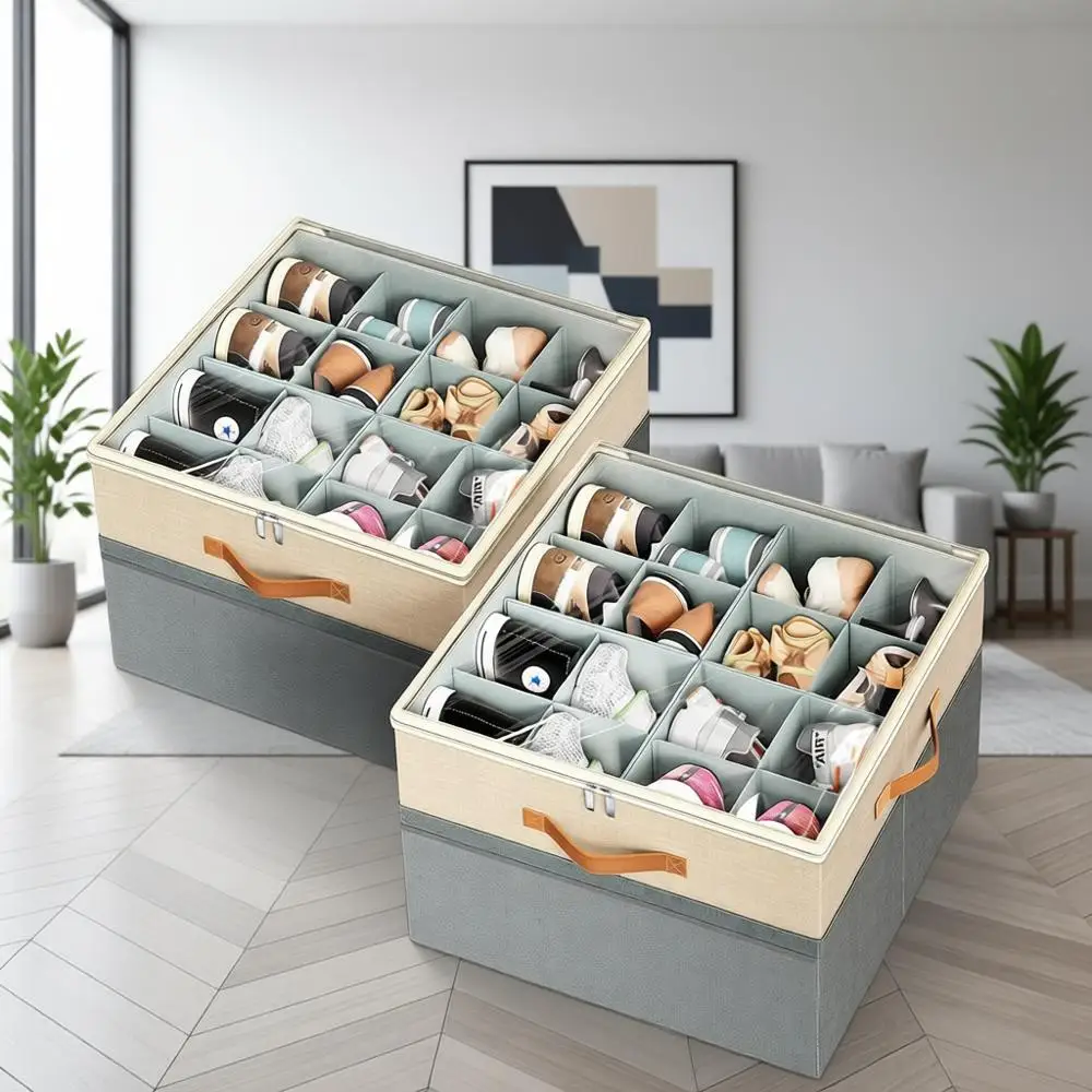 Набор из 2 складных коробок для хранения обуви с регулируемыми перегородками и прозрачными крышками — вмещает 16-32 пары (серый и бежевый)
Набор из 2 складных коробок для хранения обуви с регулируемыми перегородками и прозрачными крышками — вмещает 16-32 пары (серый и бежевый)