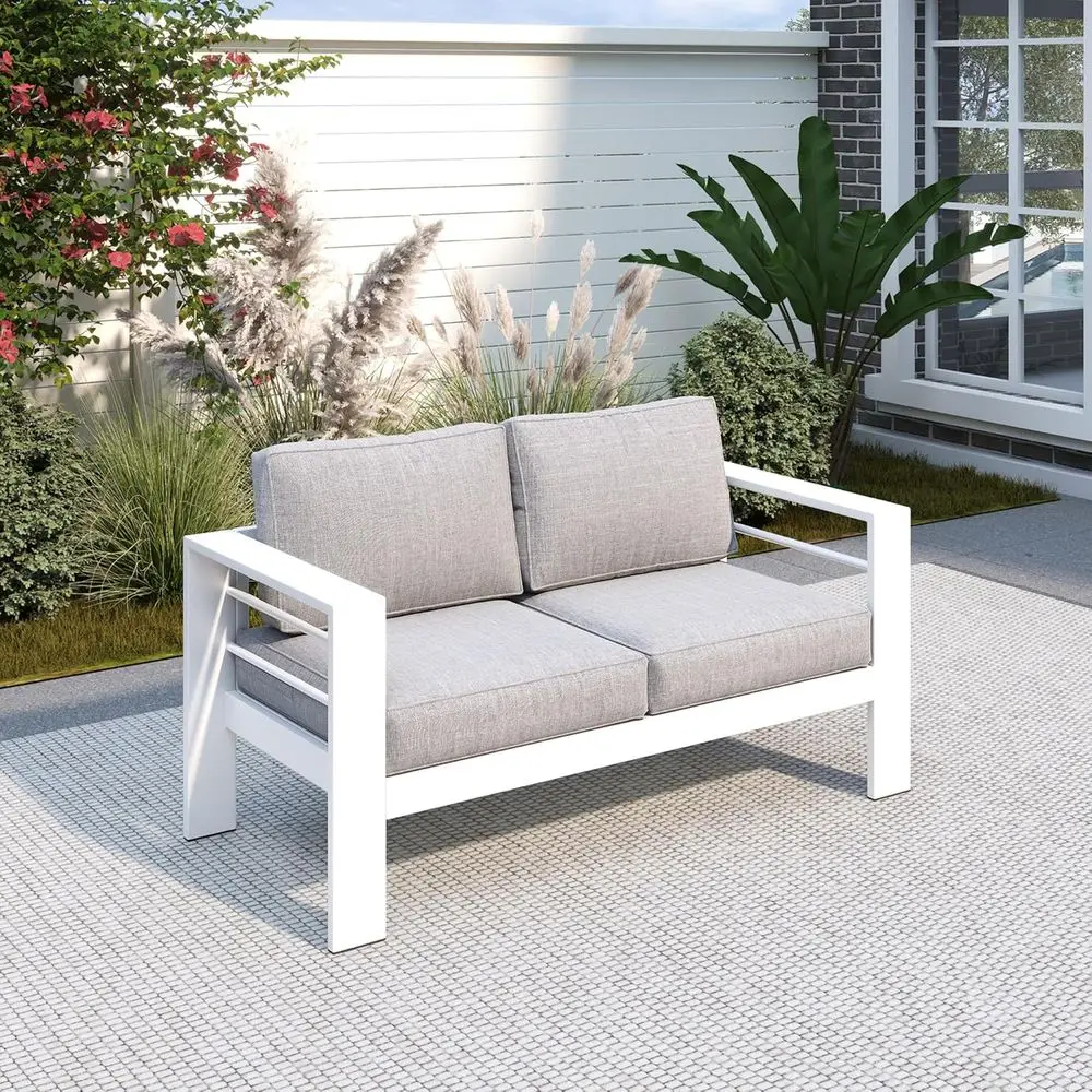 All-Weather Metal Outdoor Loveseat with Cushions, Light Grey
All-Weather Metal Outdoor Loveseat with Cushions, Light Grey