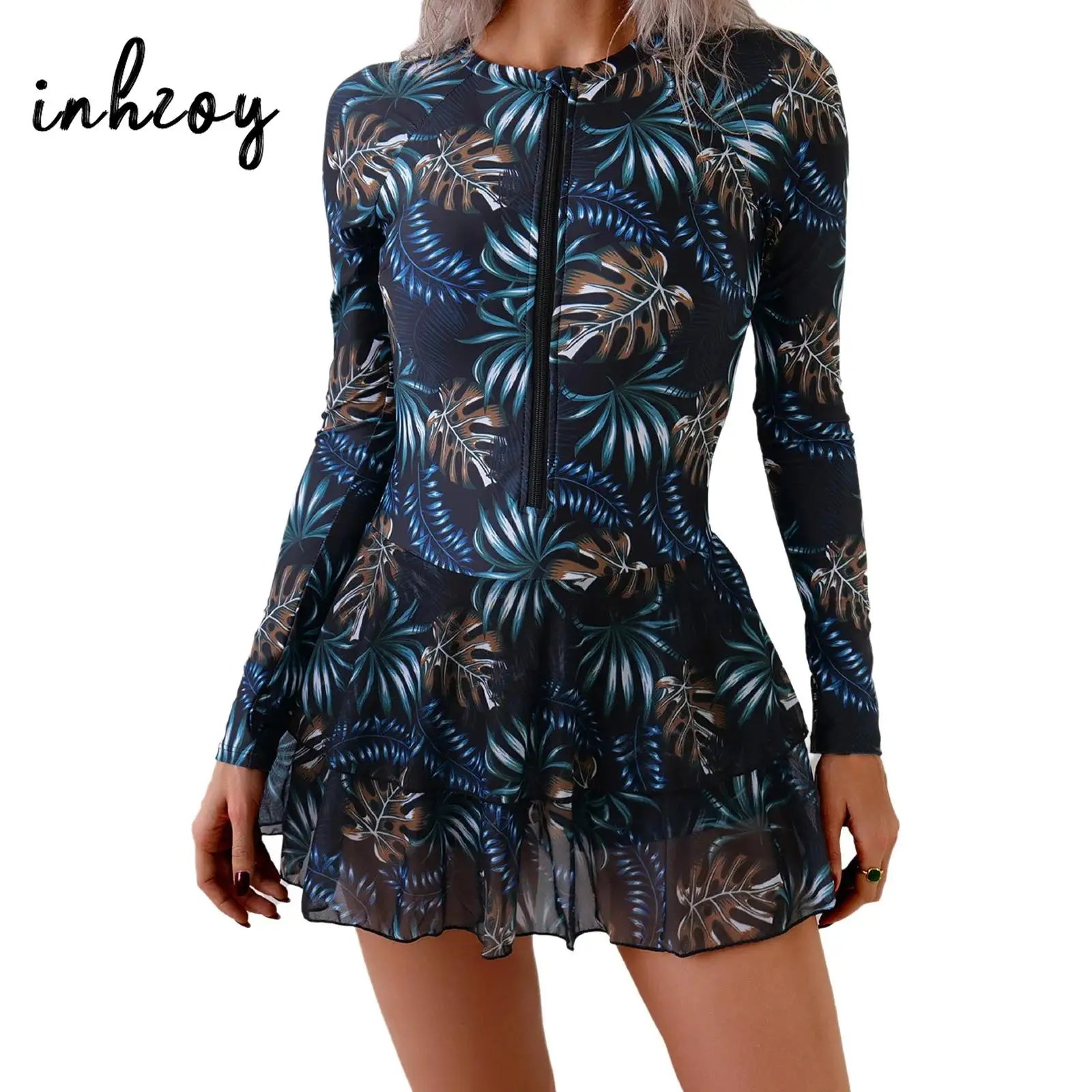 Women One Piece Sun Protection Swimsuit Print Rash Guard Long Sleeve Front Zipper Tiered Skirted Tight and Elastic Bathing Suit
Women One Piece Sun Protection Swimsuit Print Rash Guard Long Sleeve Front Zipper Tiered Skirted Tight and Elastic Bathing Suit